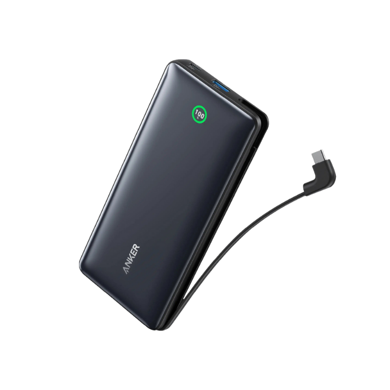 Black power bank with cable on a white background