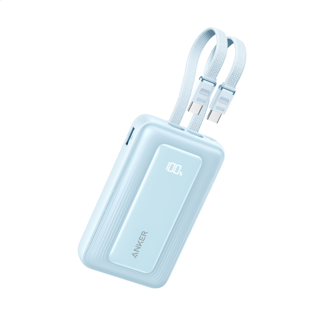 Light blue power bank with a strap on a white background, featuring the Anker brand.