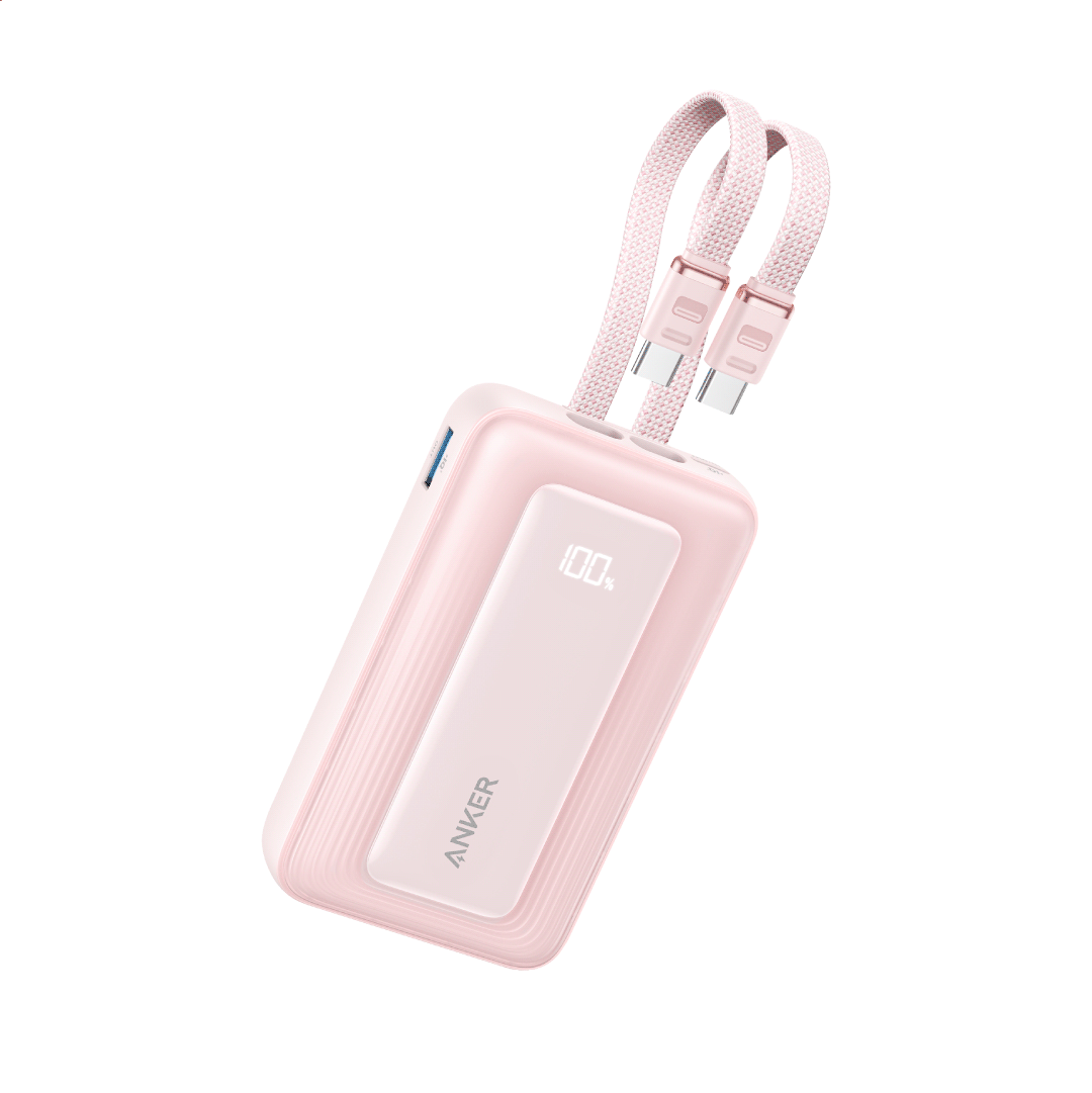 Pink Anker power bank with a strap on a white background