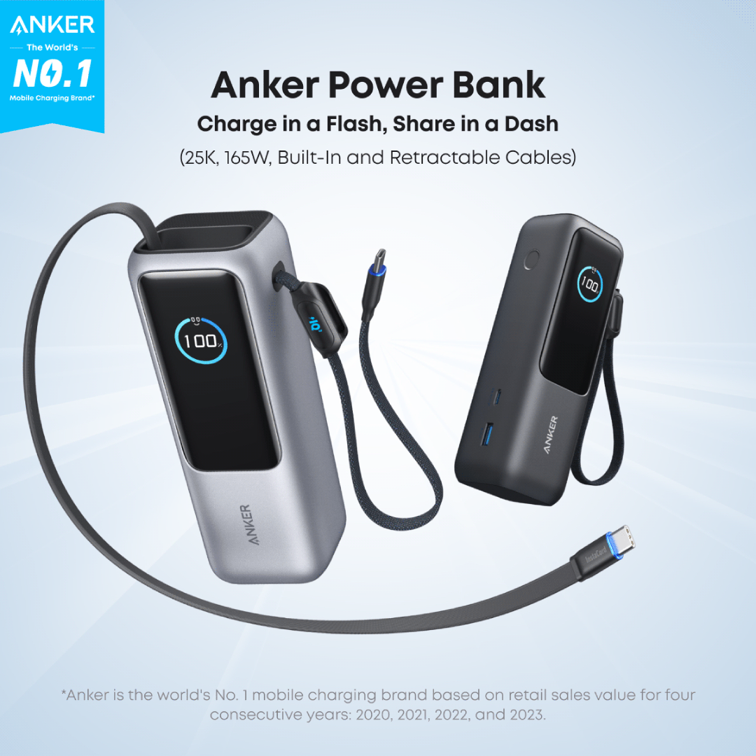 Anker Laptop Power Bank (25K, 165W, Built-In and Retractable Cables)