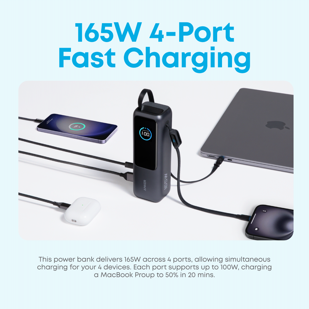Anker Laptop Power Bank (25K, 165W, Built-In and Retractable Cables)