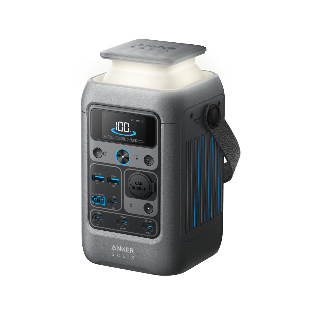 Anker power station with digital display on a white background