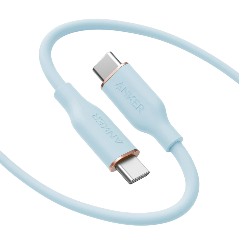 Light blue USB cable with Anker branding on a white background