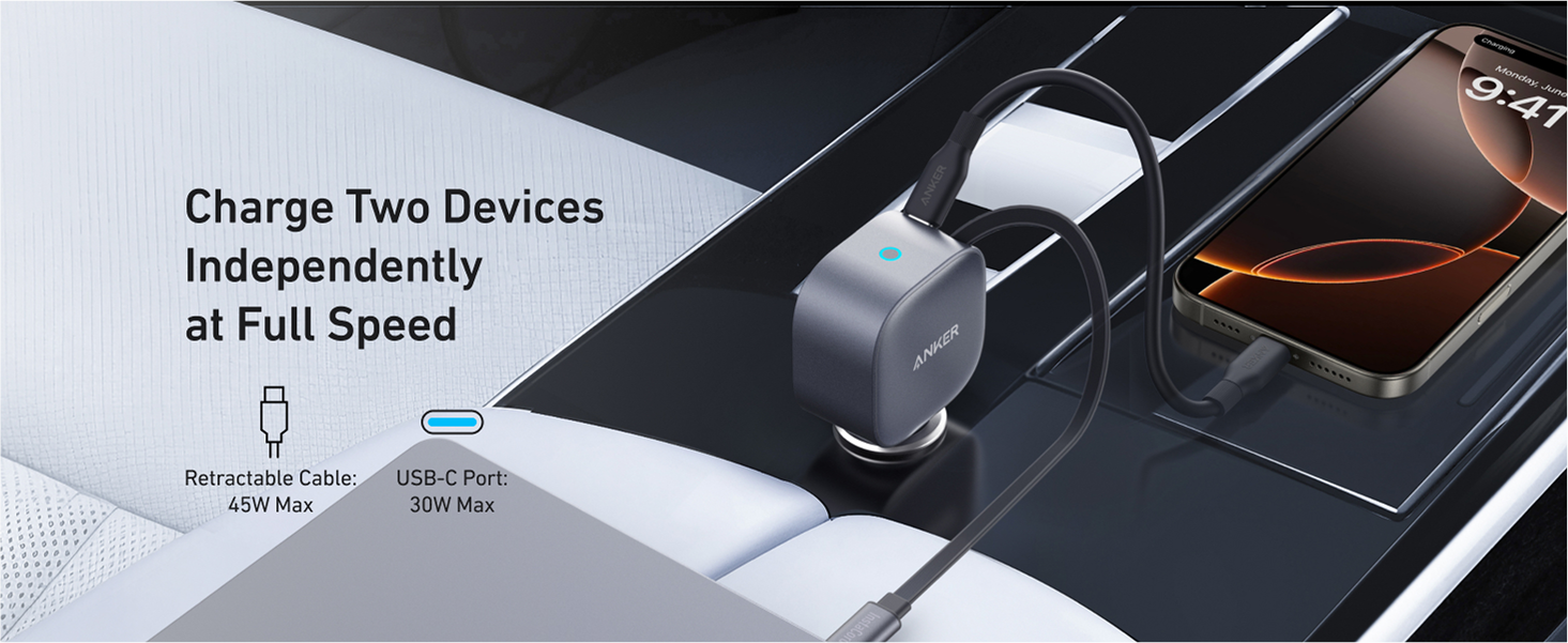 USB-C charging hub with two devices connected, showing text about independent device charging.
