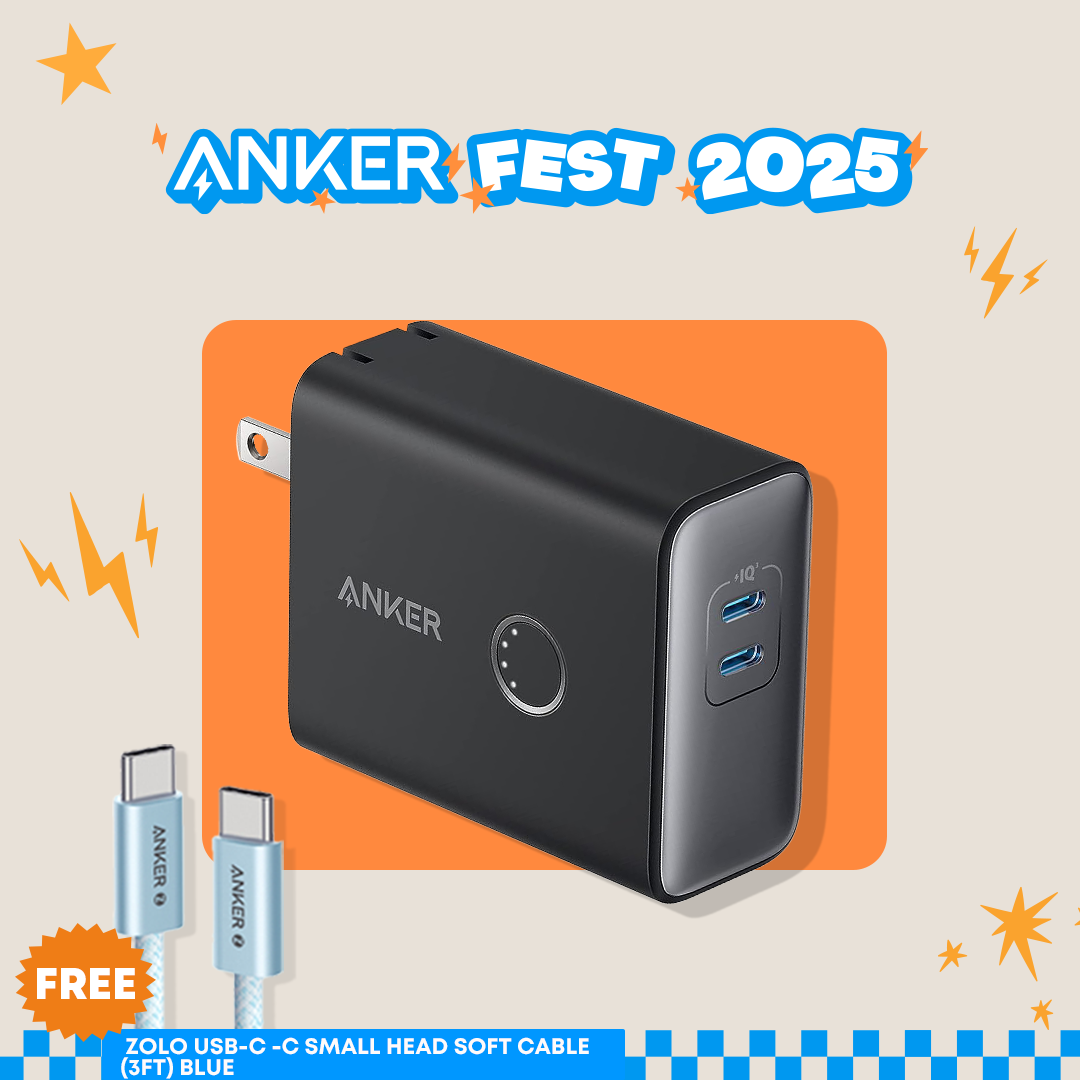 Anker power bank and cable on an orange and beige background with 'Anker Fest 2025' text.