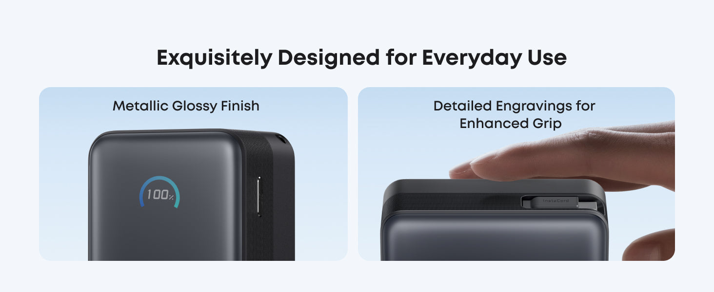 Product with metallic glossy finish and detailed engravings for enhanced grip, on a light blue background.