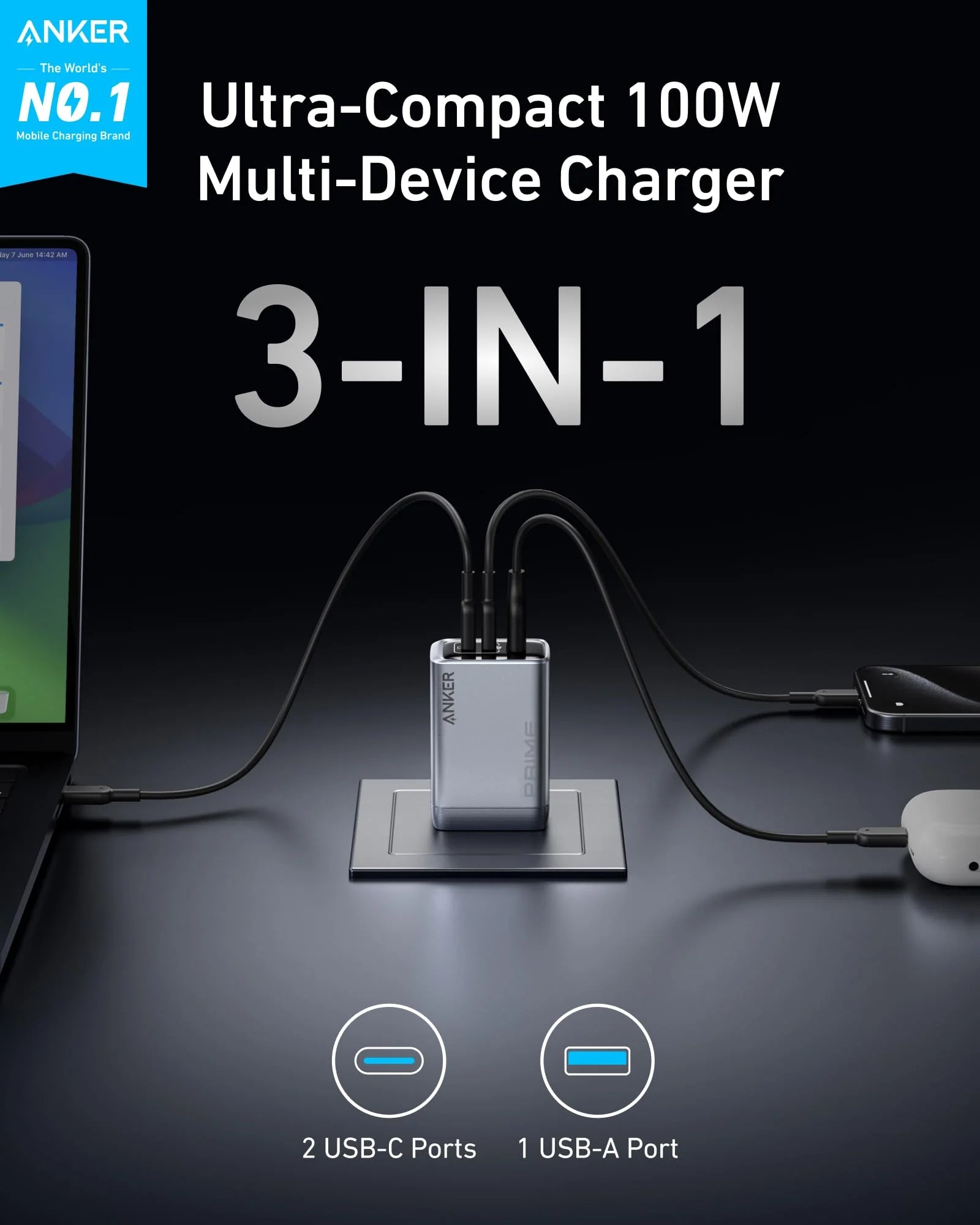 Anker Prime 100W 3-Port | GaN Wall Charger for Laptop and Phone