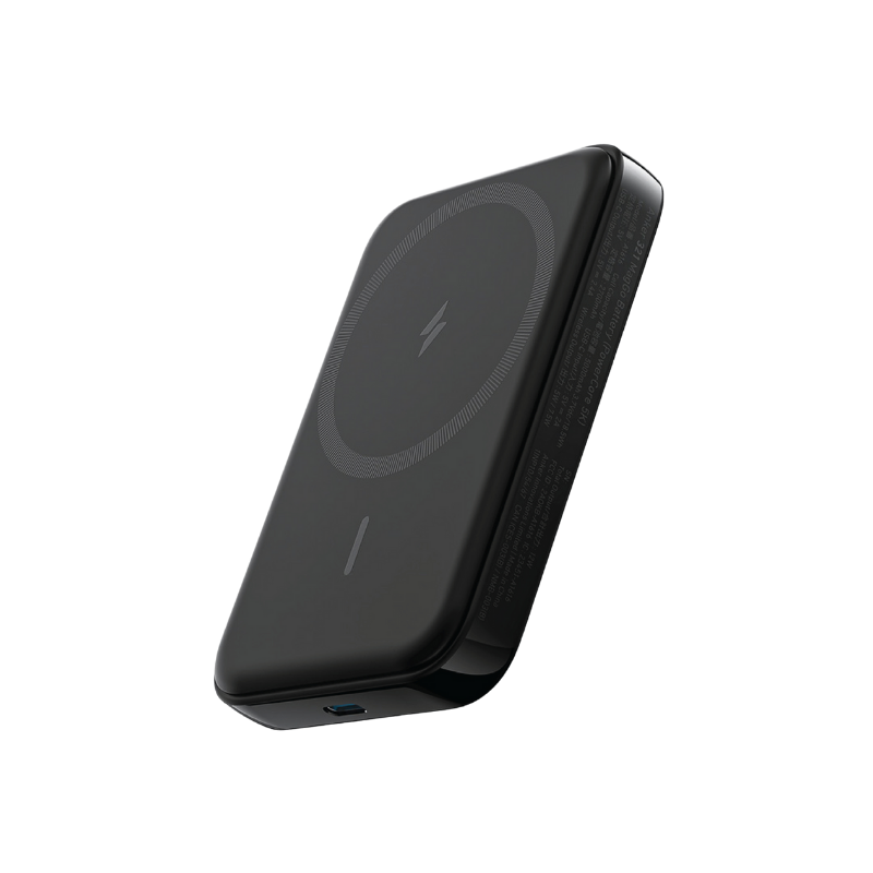 Black wireless charging pad on a white background