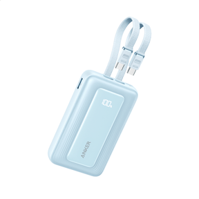 Light blue power bank with a strap on a white background, featuring the Anker brand.