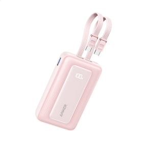 Pink Anker power bank with a strap on a white background