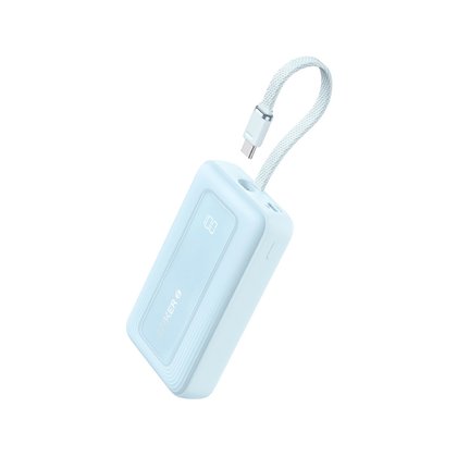 Light blue portable device with a strap on a white background
