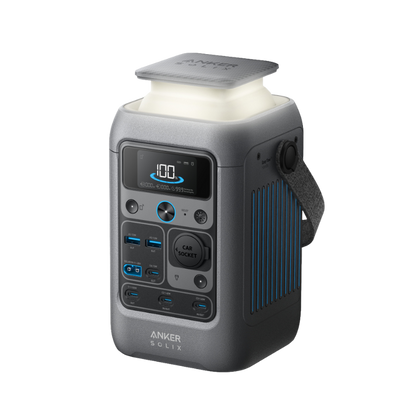 Anker Solix portable power station with a light on a white background