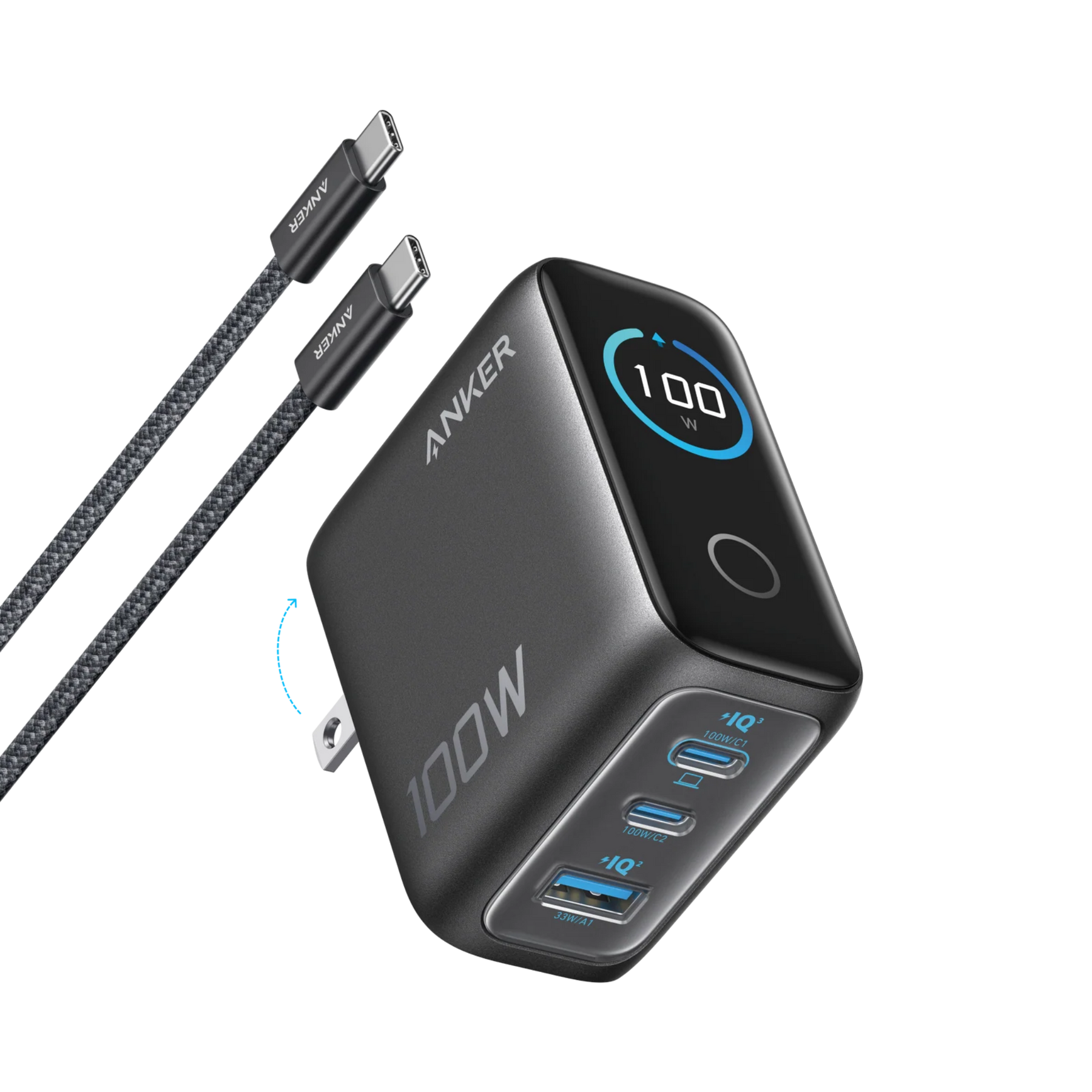 Anker Charger 100W (3 Ports, Smart Display) Black