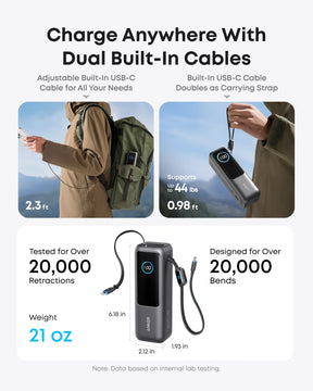 Anker 165W Power Bank dual built-in USB-C cables 2.3ft adjustable and 0.98ft carrying strap