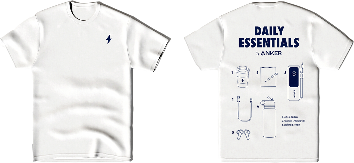 White t-shirt with blue graphics on the front and back, featuring 'Daily Essentials by Anker' branding.