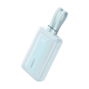 Blue zolo power bank with 2 built in usb-c cable on a white background 