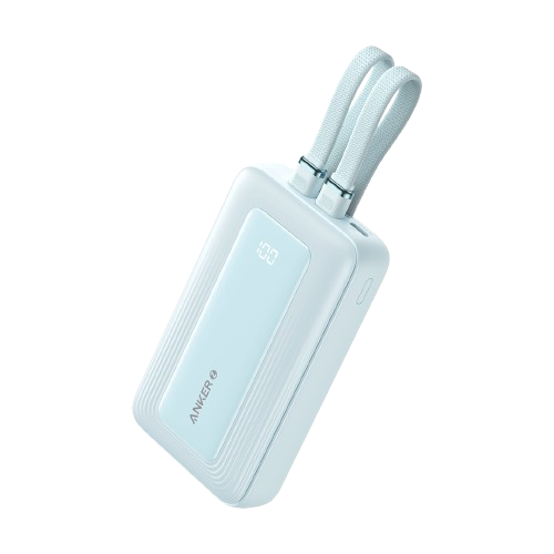Blue zolo power bank with 2 built in usb-c cable on a white background 