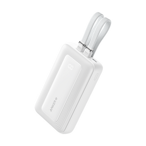 White zolo power bank with 2 built in usb-c cable on a white background 