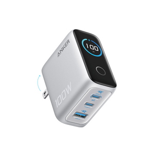 Silver Anker 100W Fast GaN Charger 3 Ports with digital display. Ultra Compact Wall Adapter on a white background.