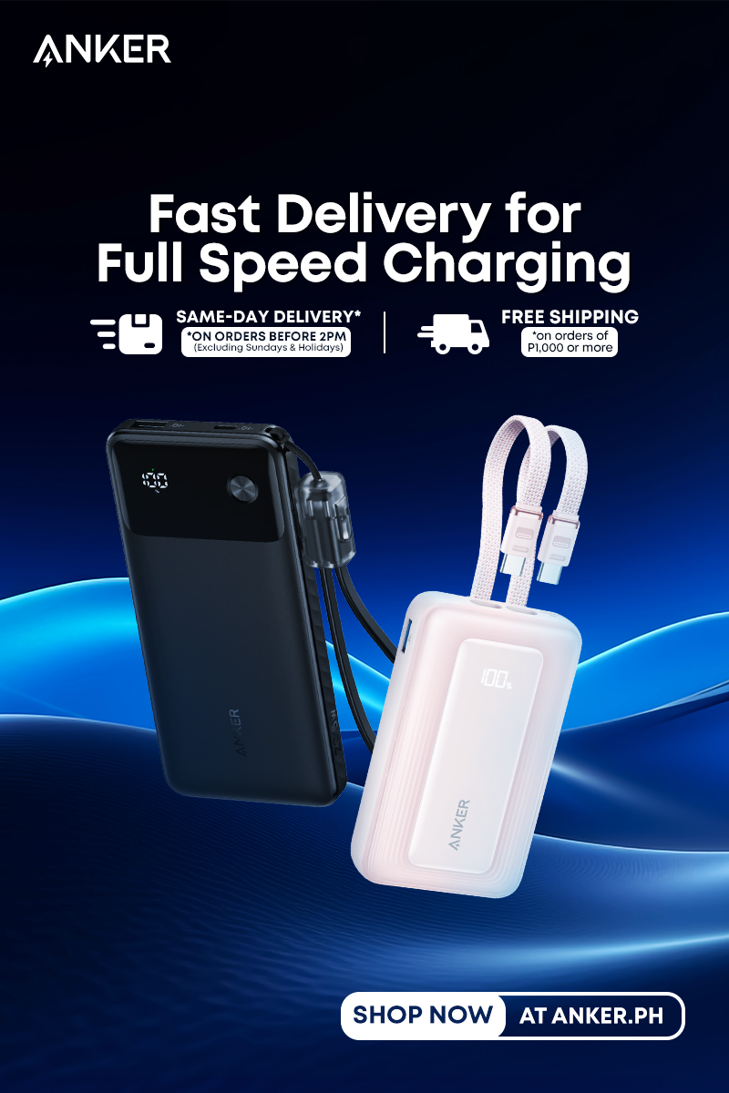 Anker charging device with cable on a blue gradient background, featuring text about fast delivery and free shipping.