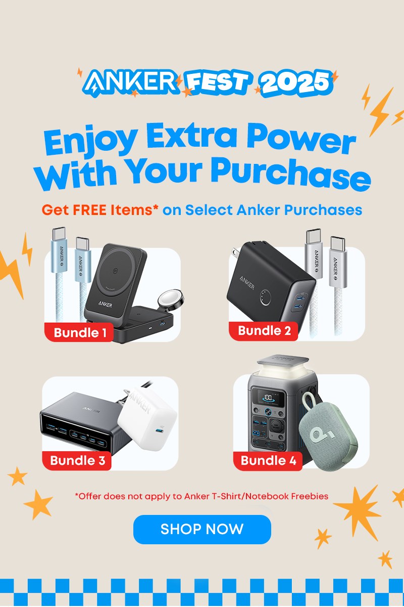 Promotional flyer for Anker Fest 2025 with product bundles and 'Shop Now' button on a beige background.