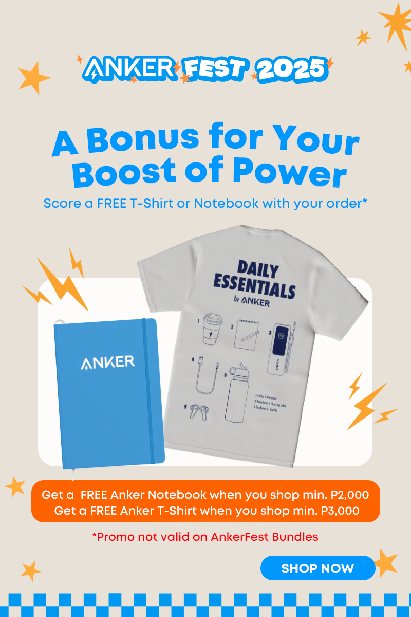 Promotional graphic for Anker Fest 2025 with a t-shirt and notebook, featuring promotional text.