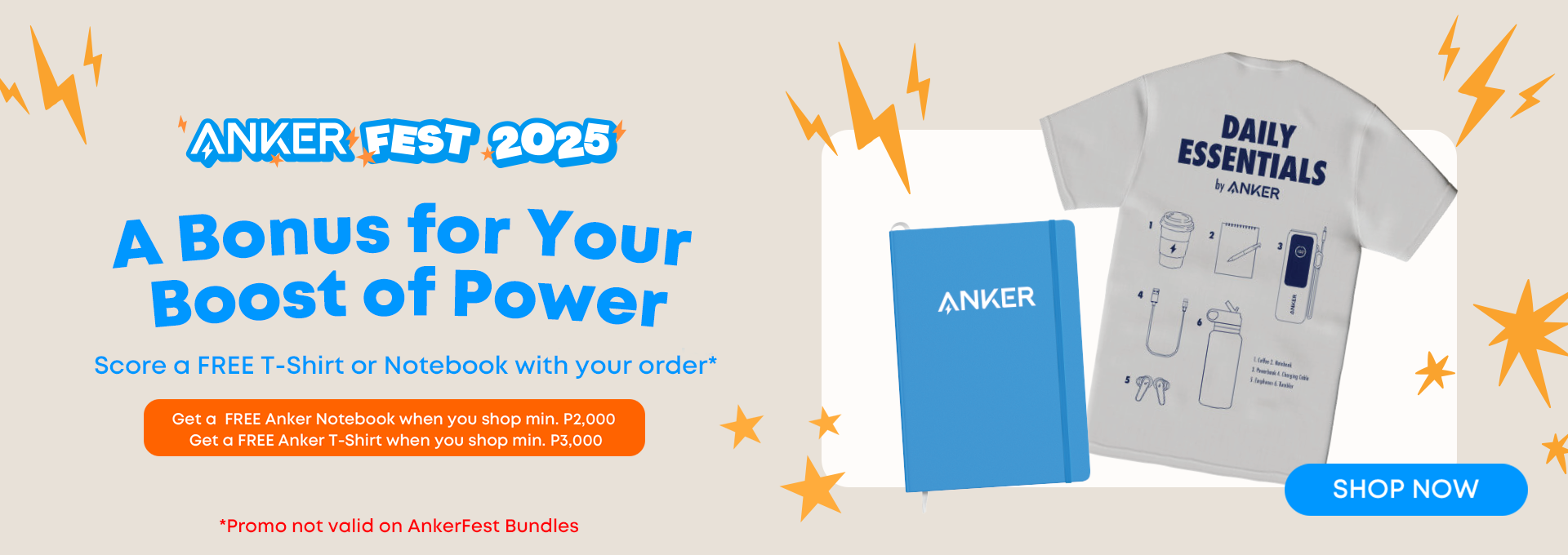 Promotional banner for Anker Fest 2025 with t-shirt and notebook, featuring promotional text and a 'Shop Now' button.