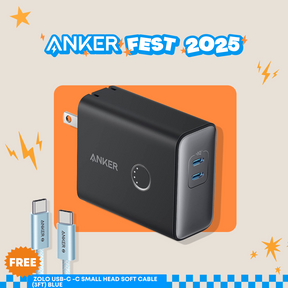 Anker power bank and cable on an orange and beige background with 'Anker Fest 2025' text.