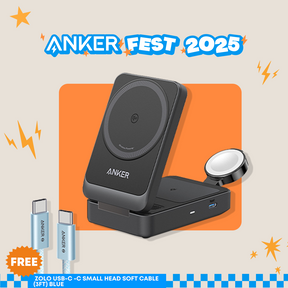 Anker product with a free cable offer on an orange and beige background