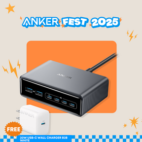 Anker USB hub and wall charger with promotional text 'Anker Fest 2025' on a colorful background.