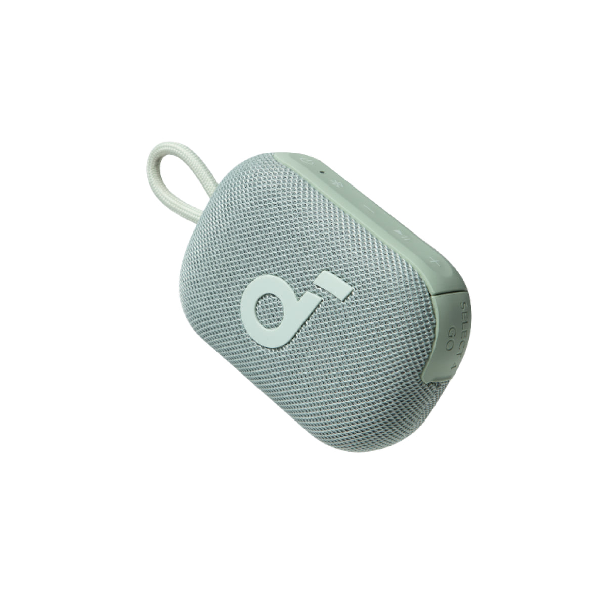 Portable speaker with a brand logo on a white background