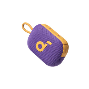 Purple and yellow portable speaker on a white background