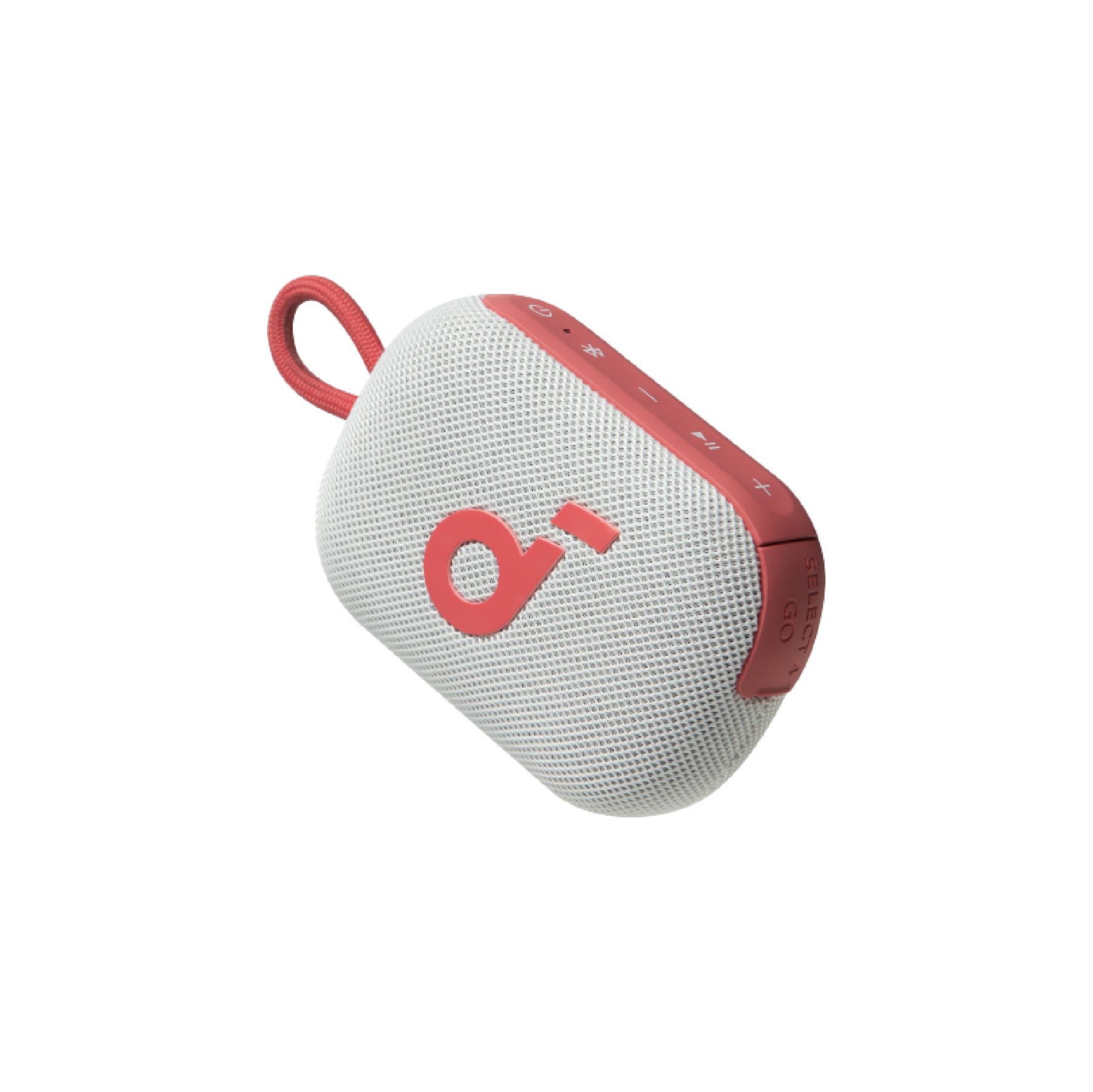 White and red portable speaker with a brand logo on a white background