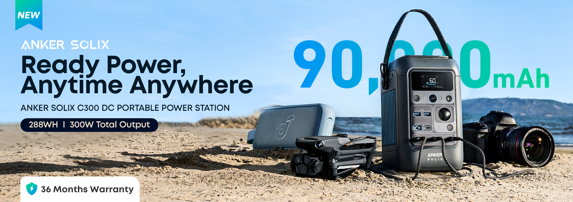 Anker SLUX portable power station with 90,000mAh capacity on a beach.
