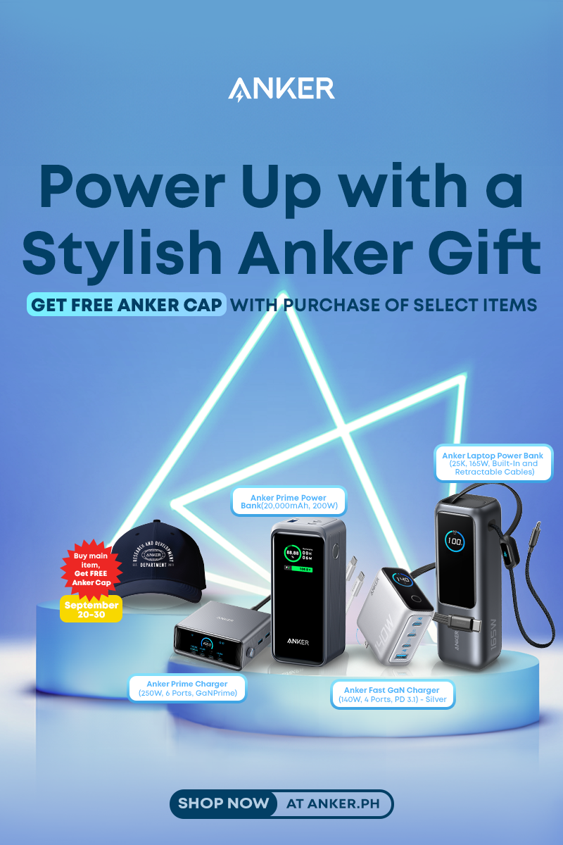 Anker promotional poster with electronic products and a free cap offer on a blue background