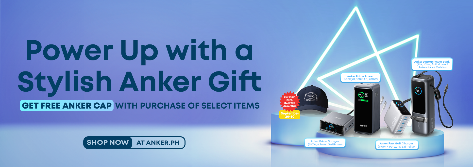 Anker product display with promotional text on a blue background