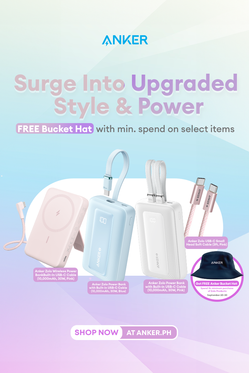 Anker promotional graphic with electronic devices and a bucket hat on a light blue and purple gradient background.
