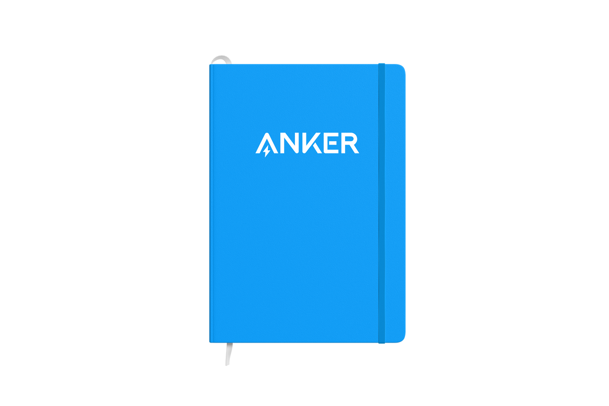 Blue notebook with 'Anker' branding on a white background