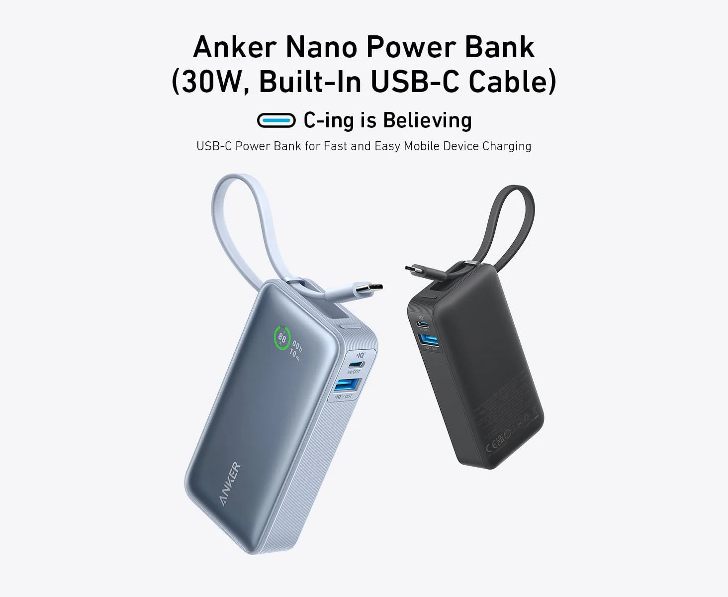 Anker Nano 30W Power Bank with USB-C Cable | 10,000mAh Fast Charge