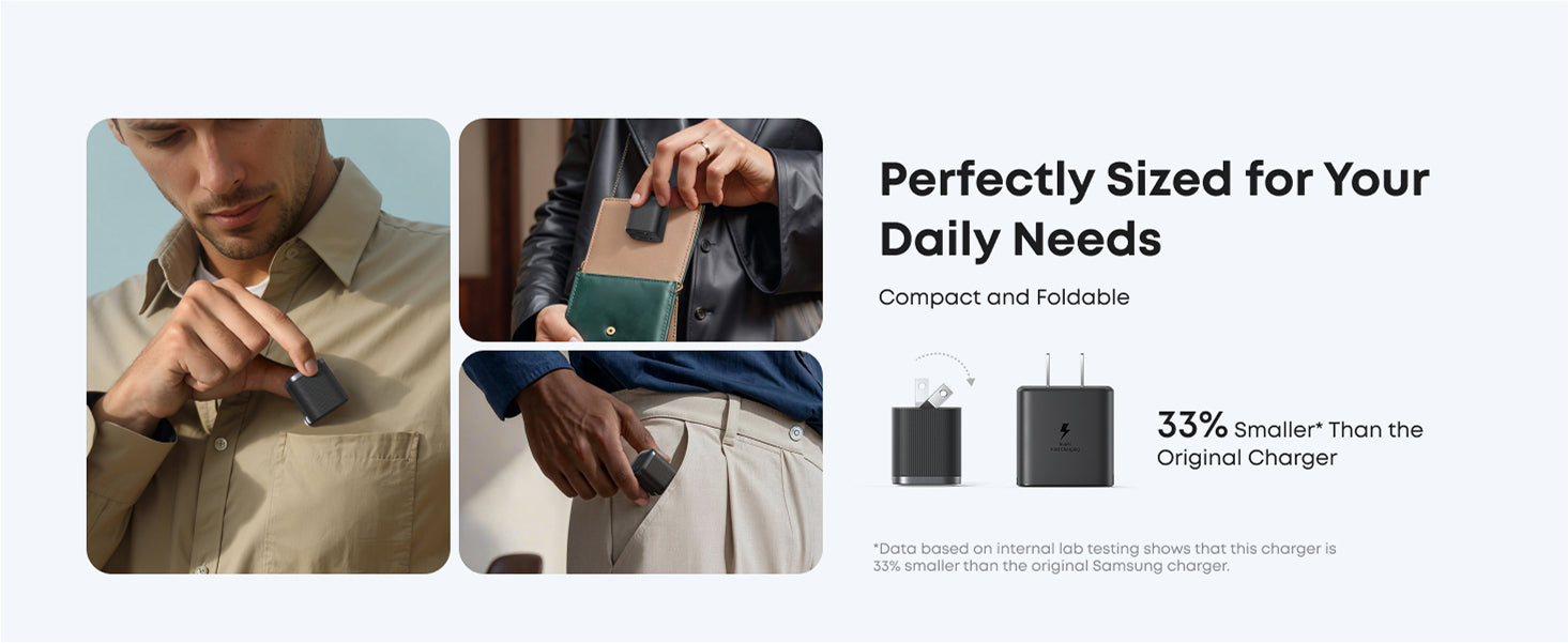 Compact and foldable charging device with text highlighting its size comparison to the original charger.