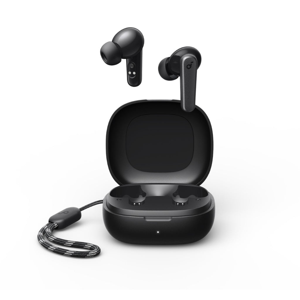 Black Soundcore r50i wireless earbuds with charging case on a white background